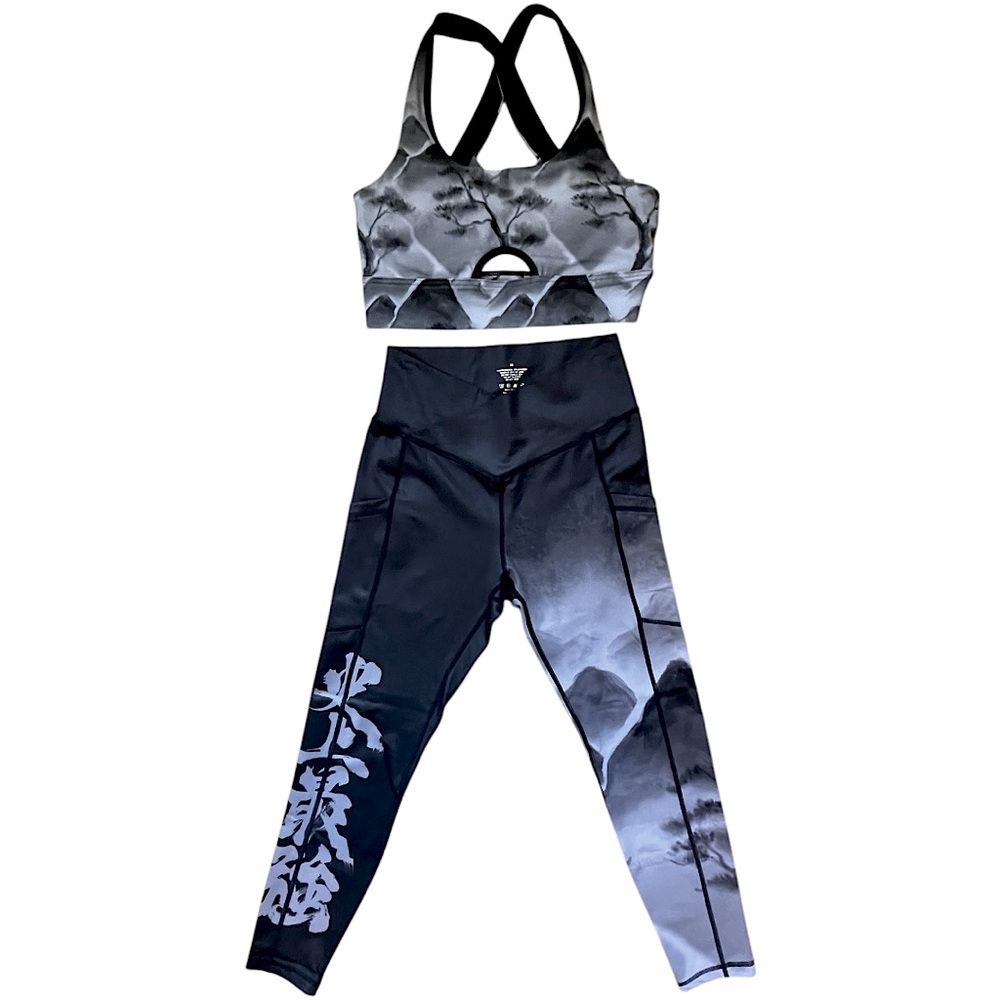 Iron Yokai Black and Gray Graphic Mountain Sports Bra & Leggings Activewear Set